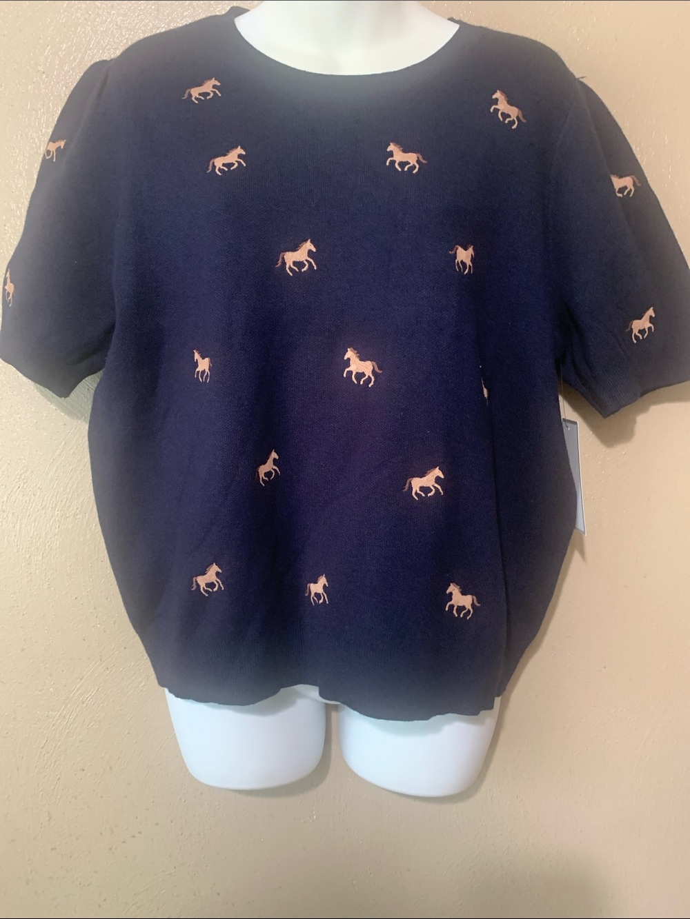 Calligrahie XL Short-Sleeve Sweater with Pink Horse Embroidery NWT